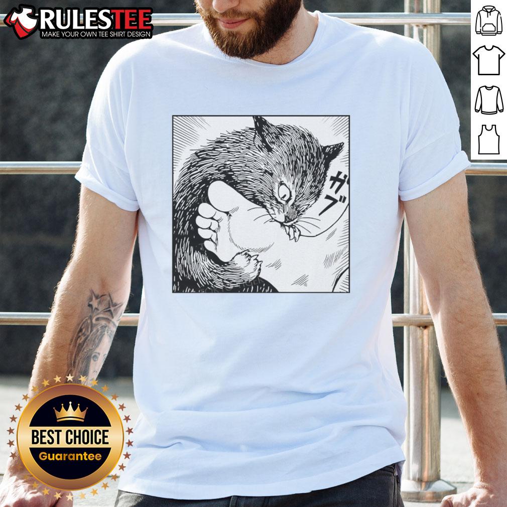 Premium Cat Bites Feet Cartoon T Shirt Premium Cat Bites Feet Cartoon T-Shirt featuring a playful cat design perfect for cat lovers and casual wear.