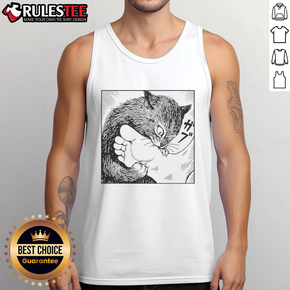 Premium Cat Bites Feet Cartoon Tank Top Cartoon tank top featuring a playful cat biting feet, perfect for animal lovers and adding fun to your wardrobe.