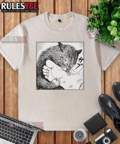 Alt Text: Cartoon design of a cat playfully biting feet on a premium washed t-shirt, perfect for cat lovers and casual wear.
