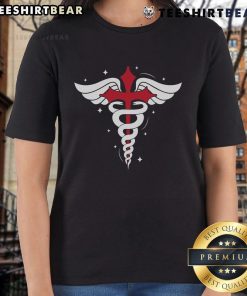 Alt Text: Premium Christian nurse tee featuring caduceus symbol, red cross, angel wings, and serpent staff design.
