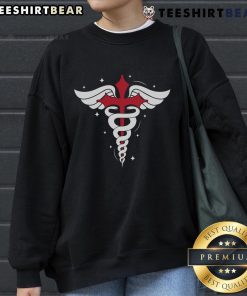 Premium Christian Nurse sweatshirt featuring caduceus symbol, red cross, angel wings, and serpent staff design.