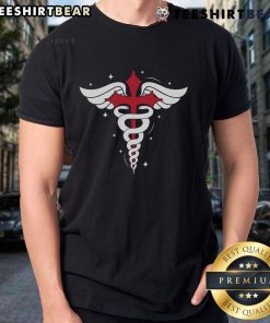 Premium Christian Nurse T-Shirt featuring caduceus symbol, red cross, angel wings, and serpent staff design.