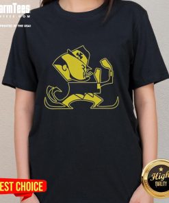 Alt Text: Premium Christopher Ash wearing Notre Dame Leprechaun mascot ladies tee, showcasing school spirit and style.