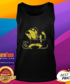Alt Text: Premium Christopher Ash sporting a Notre Dame Leprechaun mascot tank top, showcasing team spirit and style.