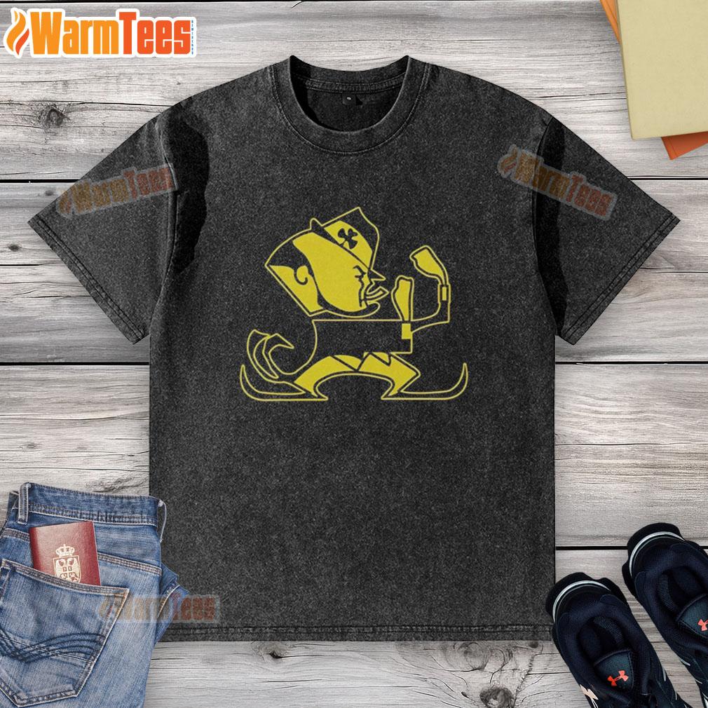 Premium Christopher Ash Wearing Notre Dame Leprechaun Mascot Washed T Shirt Alt Text: Premium Christopher Ash wearing a Notre Dame Leprechaun mascot washed t-shirt, showcasing school spirit and style.