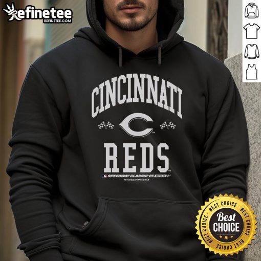 Premium Cincinnati Reds 2025 MLB Speedway Classic Flag Arch Hoodie in vibrant red and white, perfect for fans.