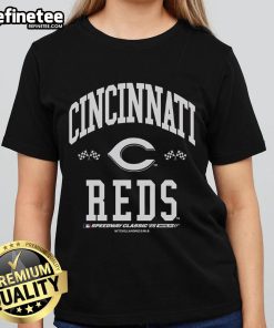 Alt Text: Premium Cincinnati Reds 2025 MLB Speedway Classic Flag Arch Ladies Tee featuring vibrant team colors and stylish design.