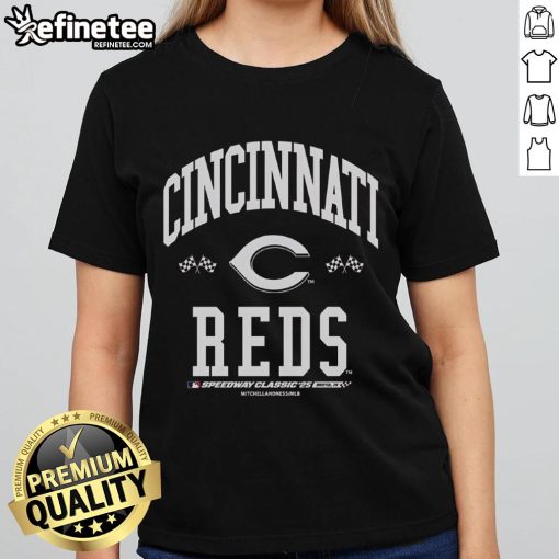Alt Text: Premium Cincinnati Reds 2025 MLB Speedway Classic Flag Arch Ladies Tee featuring vibrant team colors and stylish design.
