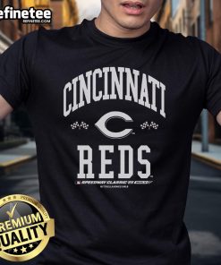 Premium Cincinnati Reds 2025 MLB Speedway Classic Flag Arch T-Shirt featuring vibrant team colors and classic design.