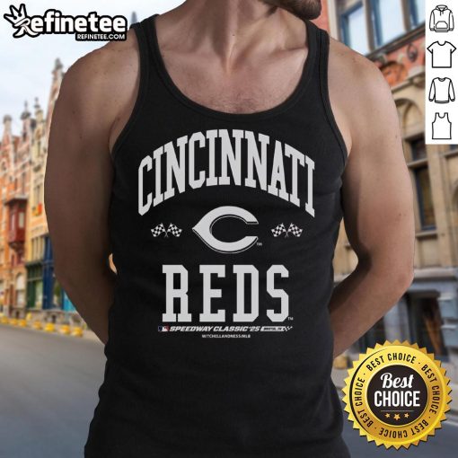 Premium Cincinnati Reds 2025 MLB Speedway Classic Flag Arch Tank Top featuring vibrant team colors and iconic design.