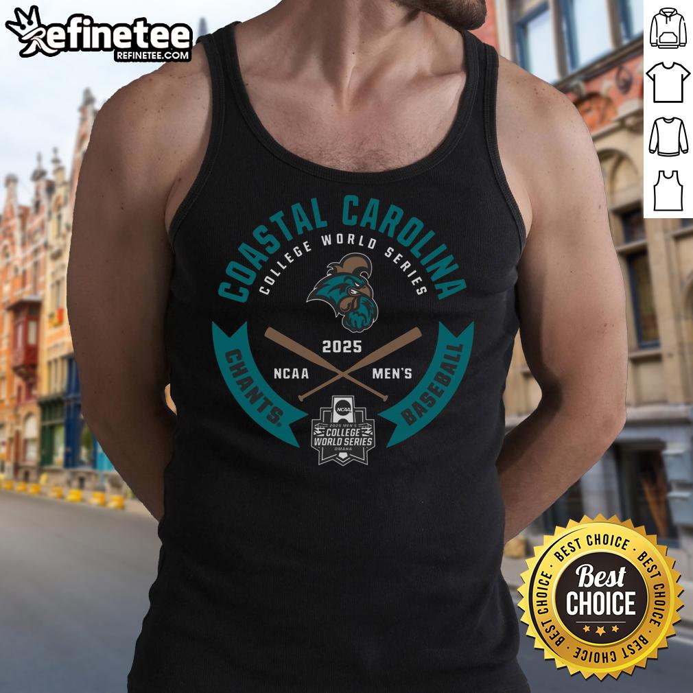 Premium Coastal Carolina College World Series 2025 NCAA Men's Baseball Chants Tank Top Premium Coastal Carolina College World Series 2025 NCAA Men's Baseball Chants tank top displayed on a mannequin.