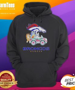 Premium Denver Broncos Bluey cartoon character hoodie featuring vibrant colors and fun design for fans.