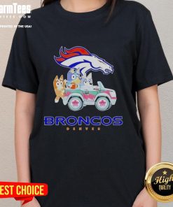 Alt Text: Premium Denver Broncos Bluey cartoon character ladies tee featuring vibrant colors and a stylish design.