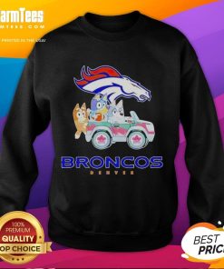 Premium Denver Broncos Bluey cartoon character sweatshirt featuring vibrant colors and a cozy design.