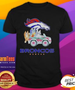 Premium Denver Broncos Bluey cartoon character T-shirt featuring vibrant colors and playful design for fans and kids.