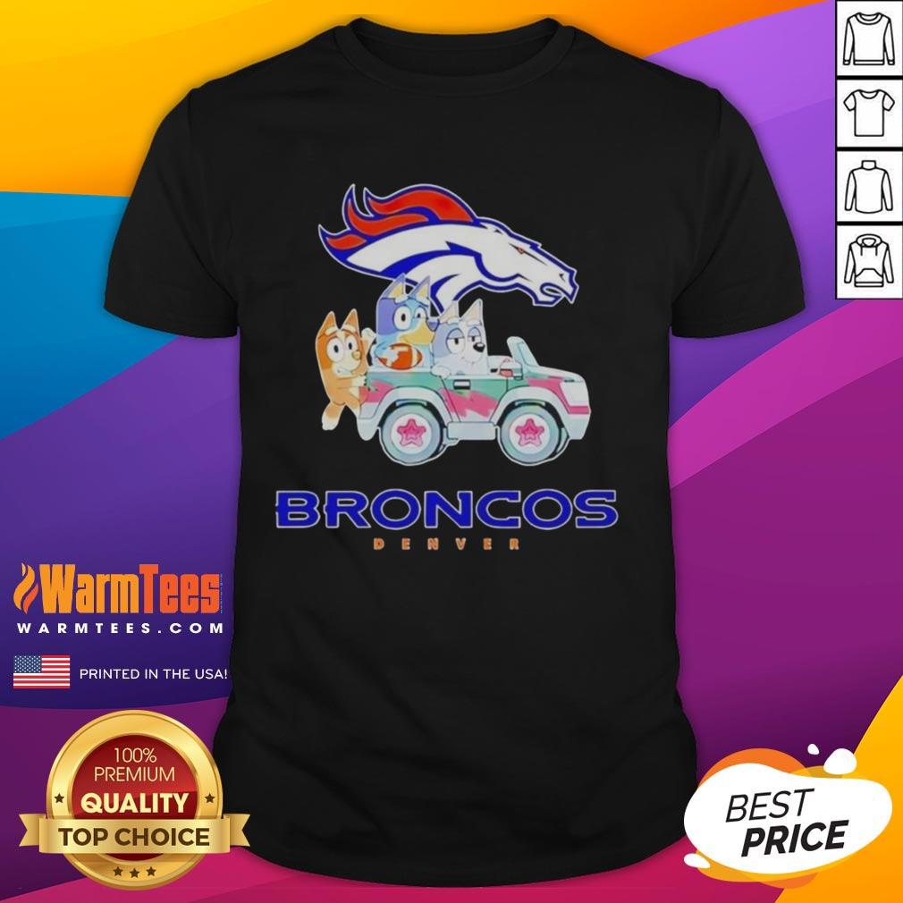 Premium Denver Broncos Bluey Cartoon Charactor T Shirt Premium Denver Broncos Bluey cartoon character T-shirt featuring vibrant colors and playful design for fans and kids.