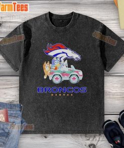 Alt Text: Premium Denver Broncos Bluey cartoon character washed t-shirt featuring vibrant colors and a comfortable fit.