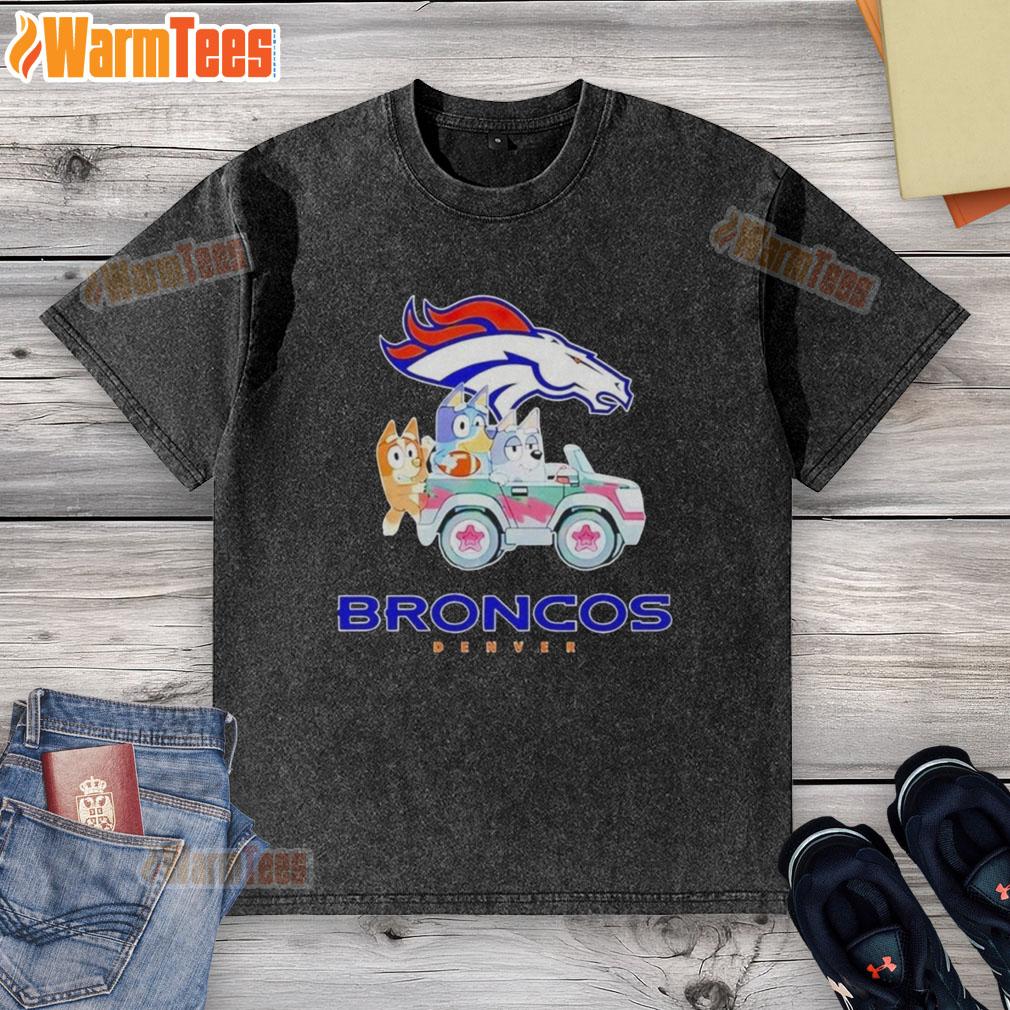Premium Denver Broncos Bluey Cartoon Charactor Washed T Shirt Alt Text: Premium Denver Broncos Bluey cartoon character washed t-shirt featuring vibrant colors and a comfortable fit.