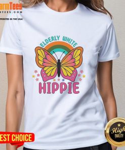 Premium elderly white hippie retro butterfly rainbow flower ladies tee, perfect for stylish comfort and vibrant expression.