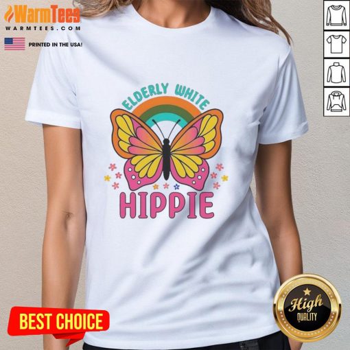 Premium elderly white hippie retro butterfly rainbow flower ladies tee, perfect for stylish comfort and vibrant expression.