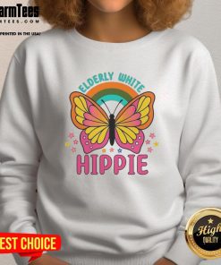 Premium elderly white hippie retro sweatshirt featuring butterfly and rainbow flower design, perfect for stylish comfort.