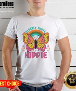 Premium Elderly White Hippie Retro Butterfly Rainbow Flower T-Shirt design featuring colorful butterfly and flower graphics.