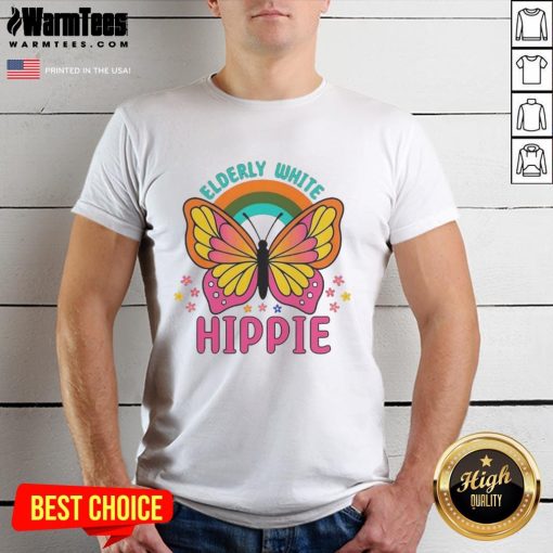 Premium Elderly White Hippie Retro Butterfly Rainbow Flower T-Shirt design featuring colorful butterfly and flower graphics.
