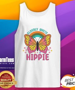Premium elderly white hippie retro butterfly rainbow flower tank top design, perfect for vibrant summer fashion.