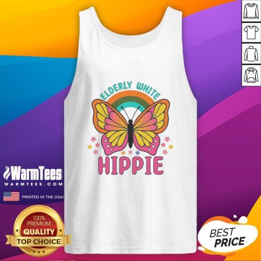 Premium elderly white hippie retro butterfly rainbow flower tank top design, perfect for vibrant summer fashion.