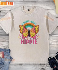 Premium elderly white hippie retro butterfly rainbow flower washed t-shirt showcasing vibrant colors and unique design.