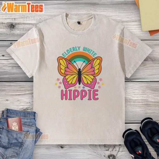 Premium elderly white hippie retro butterfly rainbow flower washed t-shirt showcasing vibrant colors and unique design.