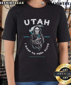Premium 'Everyone Dies in Utah' Reaper Ladies Tee featuring a stylish design for comfortable, edgy fashion.