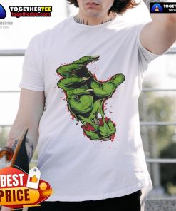Premium Green Hand Bloody T-Shirt featuring a unique blood splatter design on a vibrant green fabric.