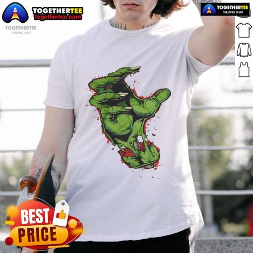 Premium Green Hand Bloody T-Shirt featuring a unique blood splatter design on a vibrant green fabric.