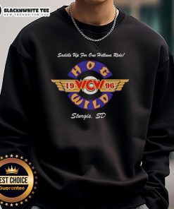 Premium Hog Wild Saddle Up For One Helluva Ride 1996 Sweatshirt featuring vintage graphics and bold lettering.