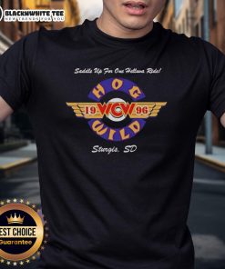 Premium Hog Wild Saddle Up For One Helluva Ride 1996 T-Shirt featuring bold graphics and vintage motorcycle design.