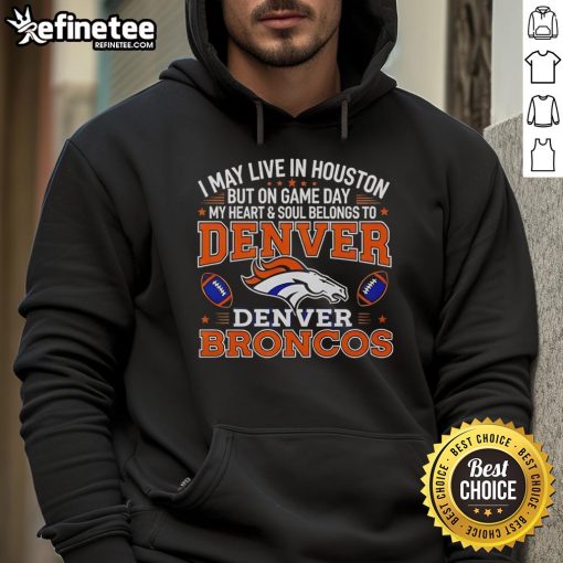 Alt Text: Premium hoodie featuring Denver Broncos design, perfect for fans living in Houston on game day.