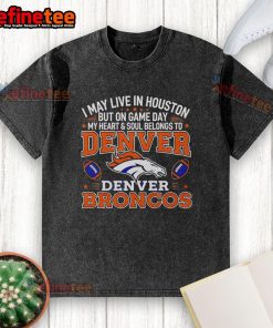 Premium washed t-shirt featuring Denver Broncos logo, perfect for fans living in Houston on game day.