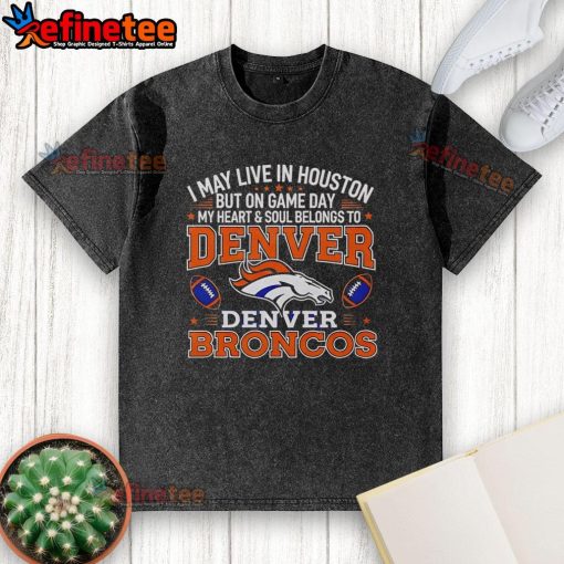 Premium washed t-shirt featuring Denver Broncos logo, perfect for fans living in Houston on game day.