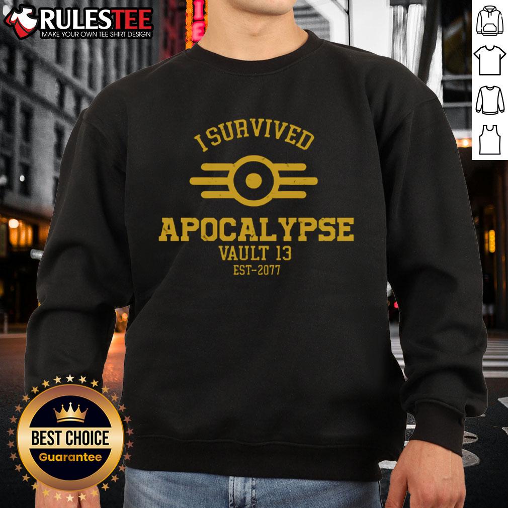 Premium I Survived Apocalypse Vault 13 Est 2077 Sweatshirt Men's Premium I Survived Apocalypse Vault 13 Est. 2077 Sweatshirt in black, showcasing a stylish graphic design.
