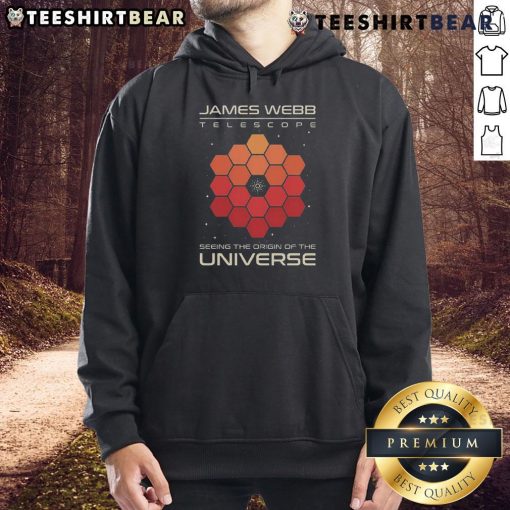 Premium James Webb Telescope hoodie featuring stunning cosmic imagery of the universe's origins and celestial wonders.