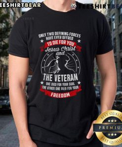 Alt Text: Premium Jesus Christ and veteran graphic on a patriotic T-shirt, honoring faith and freedom for your soul.