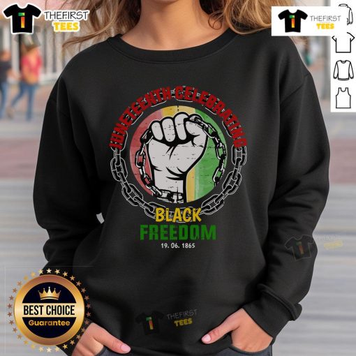 Alt Text: Premium Juneteenth sweatshirt celebrating Black freedom, featuring a stylish design and vibrant colors for 6/19/1865.