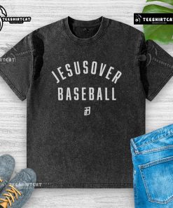 Premium Kyle Stowers Jesus Over Baseball washed t-shirt featuring a stylish design for baseball fans and believers.
