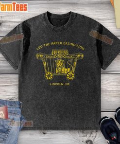 Premium Leo the Paper Eating Lion washed t-shirt featuring a vibrant lion graphic, perfect for casual wear.