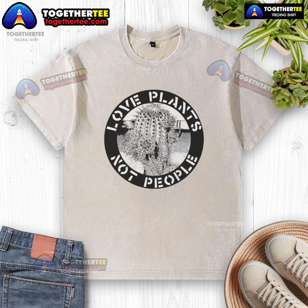 Premium Love Plants Not People Logo Washed T Shirt Alt Text: Premium Love Plants Not People logo on a stylish washed t-shirt, perfect for plant lovers and casual wear.
