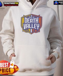 Alt Text: Premium LSU Tigers vs Clemson Tigers Duel In Death Valley hoodie featuring team logos and vibrant colors.