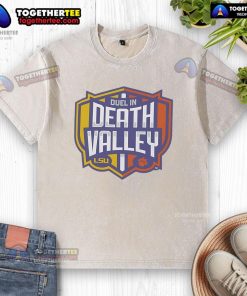 Premium washed t-shirt featuring LSU Tigers vs Clemson Tigers duel in Death Valley, perfect for college football fans.