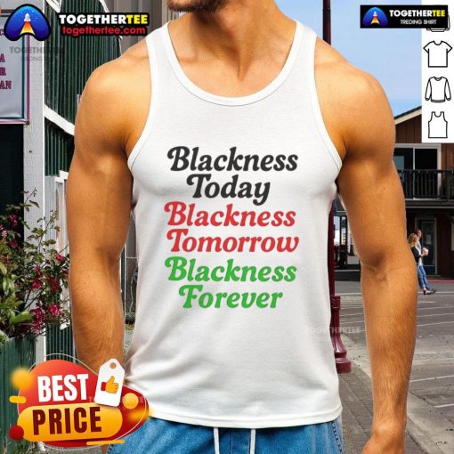 Alt Text: Premium Mayor M. Scott wearing Blackness Today, Blackness Tomorrow, Blackness Forever tank top in vibrant setting.