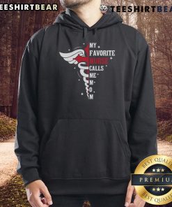 Premium 'My Favorite Nurse Calls Me Mom' hoodie featuring caduceus cross design, perfect for nurse moms.